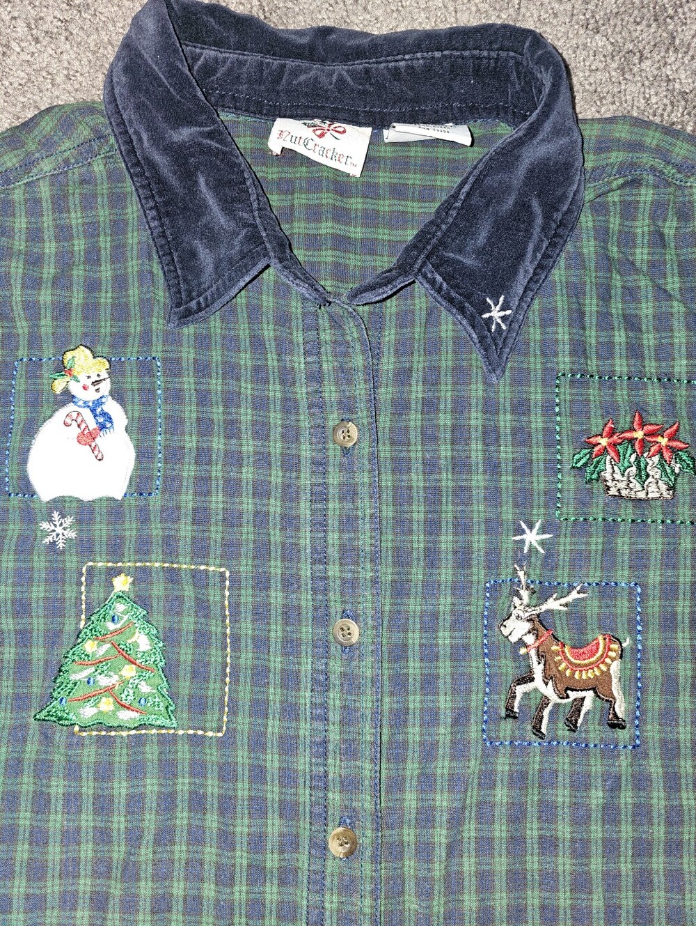 Vintage Nutcracker Green & Navy Plaid Button Up Christmas Embroidered Shirt Sz L